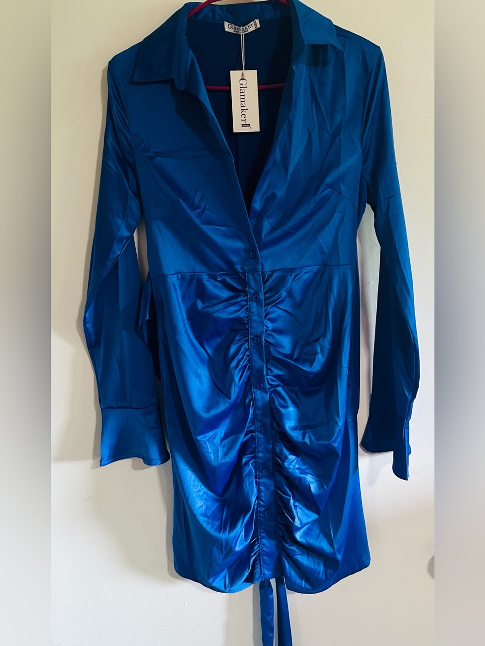 New with tags: Satin Ruched Shirt Dress - Blue